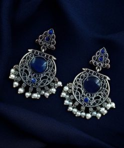Designer floral earrings with silver replica finish, dangler stud style, and intricate stone detailing.