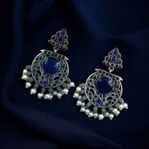 Designer Floral Earrings | Unique Dangler Silver Replica Stud With Stone Detailing - color: "Blue"