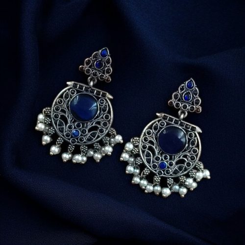 Designer floral earrings with silver replica finish, dangler stud style, and intricate stone detailing.