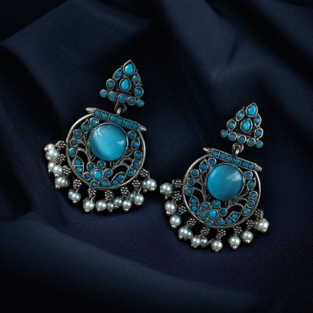Bulk 974 Designer Floral Earrings | Unique Dangler Silver Replica Stud With Stone Detailing - "Aqua"