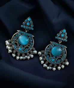 Designer floral earrings with silver replica finish, dangler stud style, and intricate stone detailing.