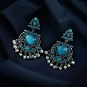 Designer Floral Earrings | Unique Dangler Silver Replica Stud With Stone Detailing - color: "Aqua"