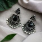 Designer Floral Earrings | Unique Dangler Silver Replica Stud With Stone Detailing - "Black"