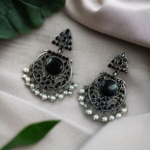 Designer Floral Earrings | Unique Dangler Silver Replica Stud With Stone Detailing - color: "Black"