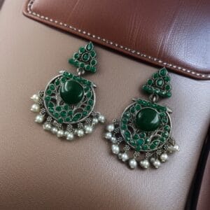 Designer Floral Earrings | Unique Dangler Silver Replica Stud With Stone Detailing - color: "Green"