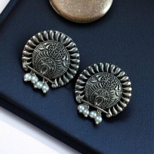 Silver replica daily wear earrings with pearl, featuring a traditional look-alike design.