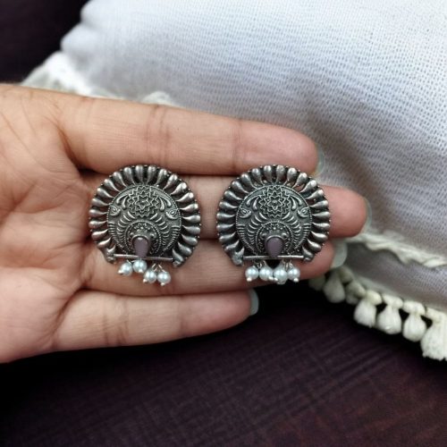 Silver replica daily wear earrings with pearl, featuring a traditional look-alike design.