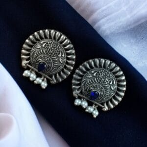 Silver Replica Daily Wear Earrings with Pearl – Best Traditional Look-Alike Jewelry - color: "Blue"