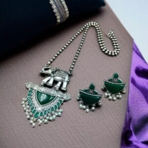 Traditional Oxidised Elephant Necklace Set with Best Monalisa Stone & Pearl Beads - color: "Green"