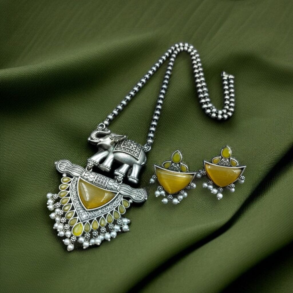 Bulk 950 Traditional Oxidised Elephant Necklace Set with Best Monalisa Stone & Pearl Beads - "Yellow"