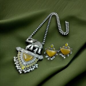 Traditional Oxidised Elephant Necklace Set with Best Monalisa Stone & Pearl Beads - color: "Yellow"