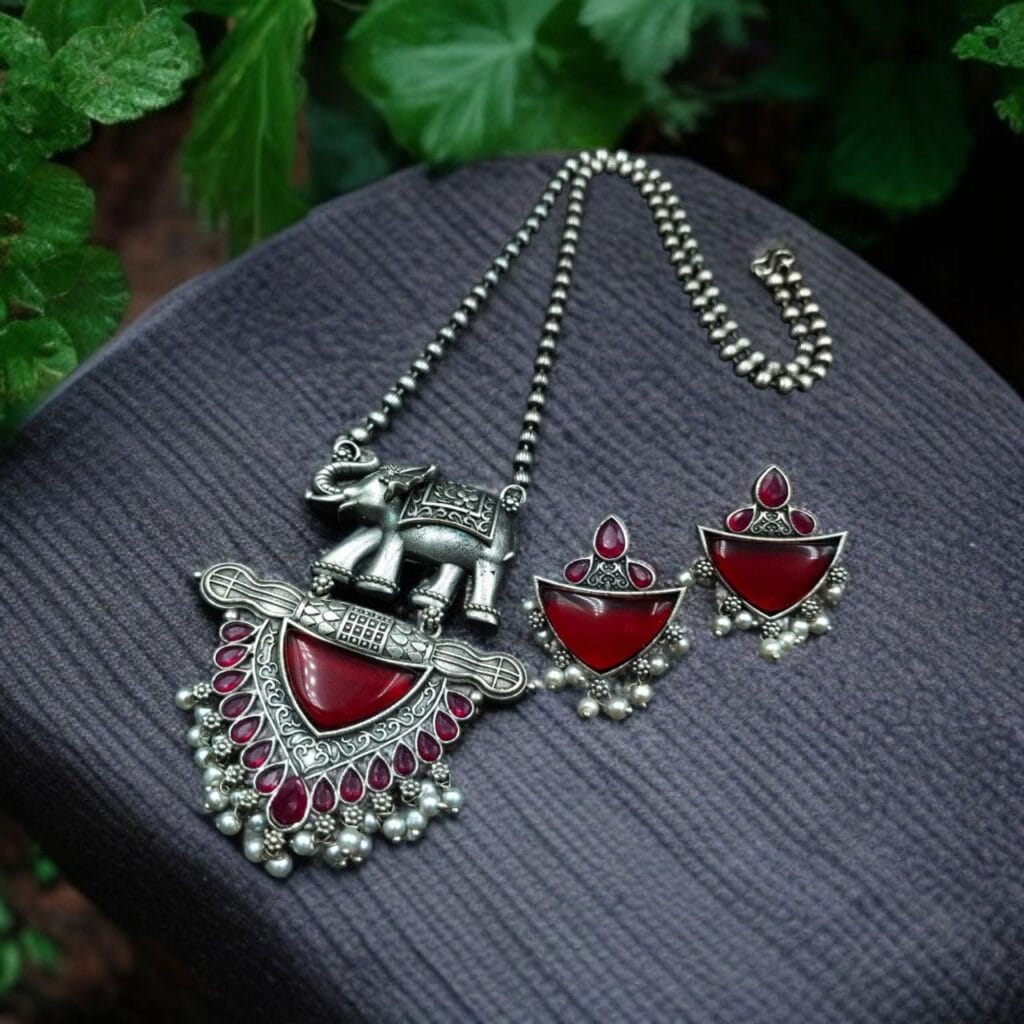 Bulk 952 Traditional Oxidised Elephant Necklace Set with Best Monalisa Stone & Pearl Beads - "Red"