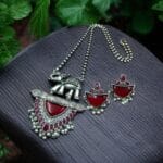 Traditional Oxidised Elephant Necklace Set with Best Monalisa Stone & Pearl Beads - "Red"
