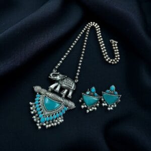 Traditional Oxidised Elephant Necklace Set with Best Monalisa Stone & Pearl Beads - color: "Aqua"