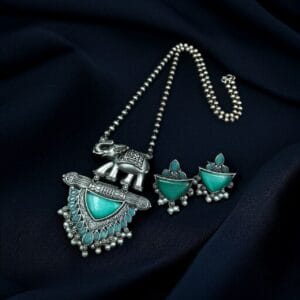 Traditional Oxidised Elephant Necklace Set with Best Monalisa Stone & Pearl Beads - color: "Mint"