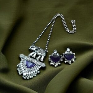Traditional Oxidised Elephant Necklace Set with Best Monalisa Stone & Pearl Beads - color: "Amethyst"