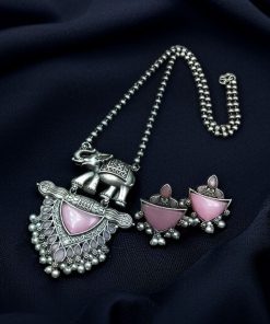 Traditional oxidised elephant necklace set with Monalisa stone and pearl beads in antique silver finish.