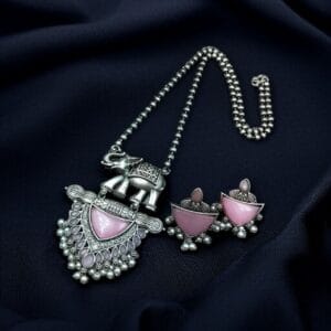 Traditional Oxidised Elephant Necklace Set with Best Monalisa Stone & Pearl Beads - color: "Baby Pink"