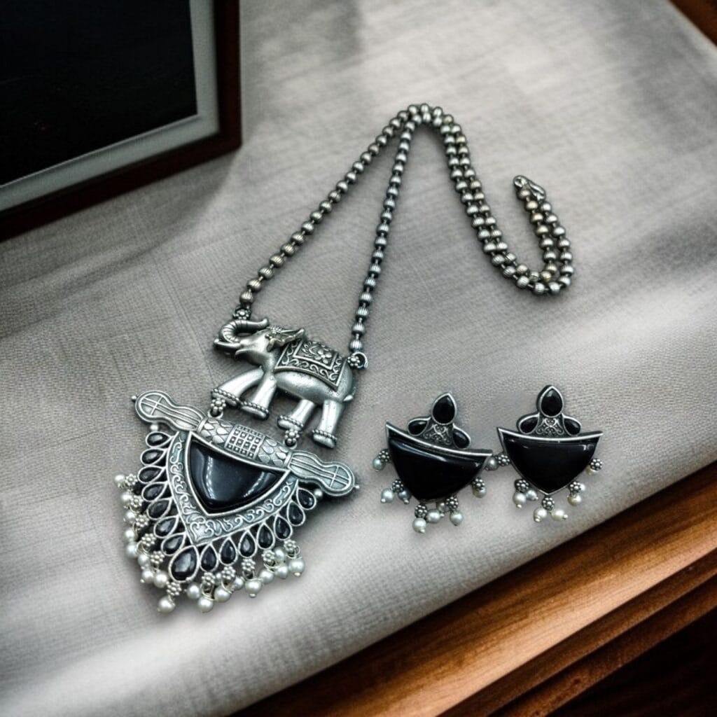 Bulk 964 Traditional Oxidised Elephant Necklace Set with Best Monalisa Stone & Pearl Beads - "Black"