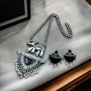 Traditional Oxidised Elephant Necklace Set with Best Monalisa Stone & Pearl Beads - color: "Black"