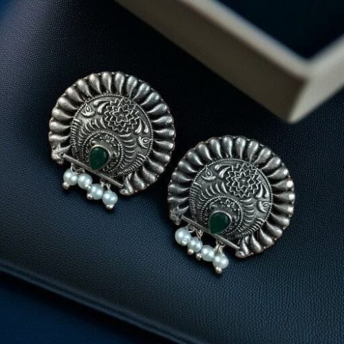 Silver replica daily wear earrings with pearl, featuring a traditional look-alike design.