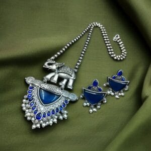 Traditional Oxidised Elephant Necklace Set with Best Monalisa Stone & Pearl Beads - color: "Blue"