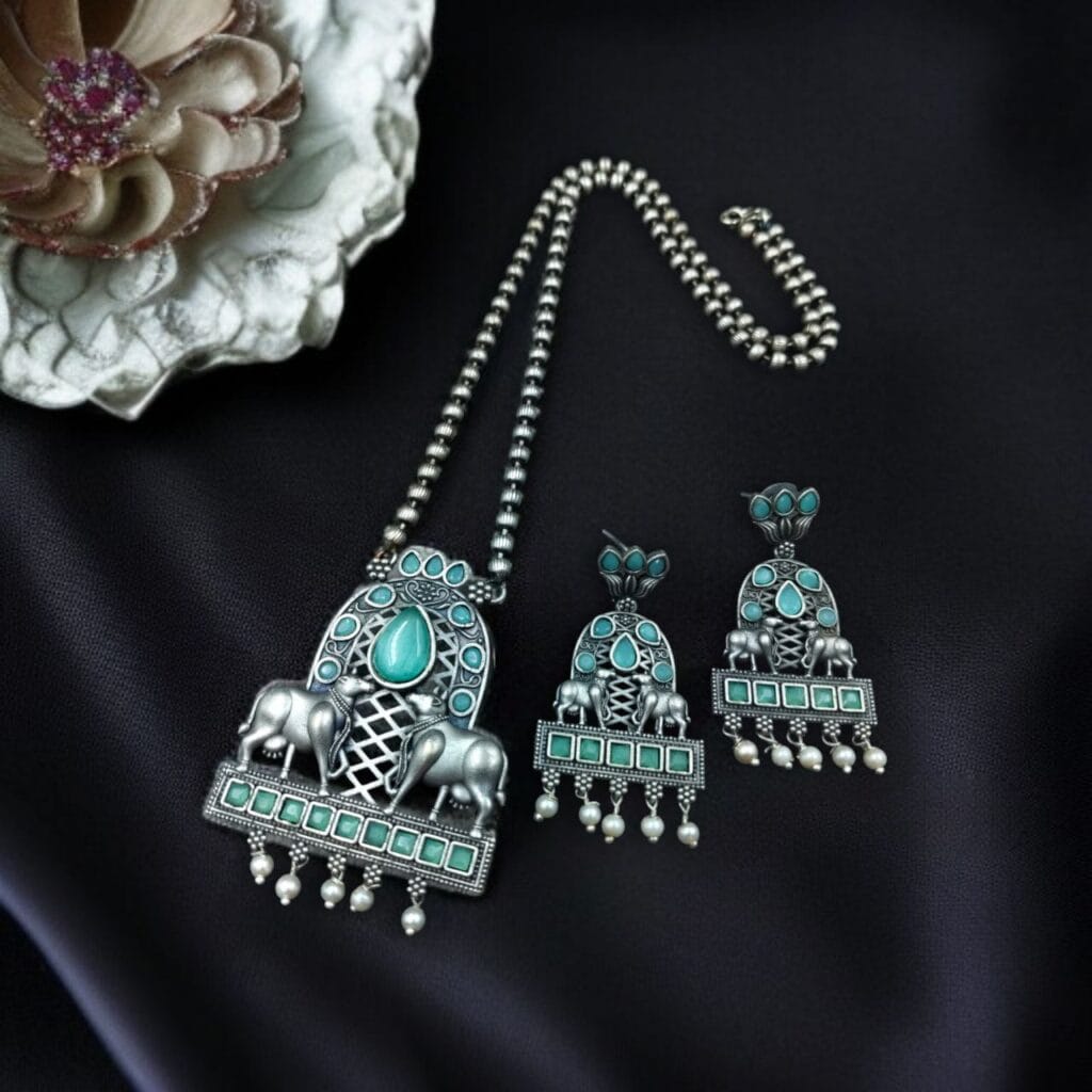 Bulk 928 Silver Oxidized Nandi Pendant Necklace with Stone & Amazing Pearl work - "Mint"