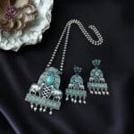 Silver Oxidized Nandi Pendant Necklace with Stone & Amazing Pearl work - "Mint"