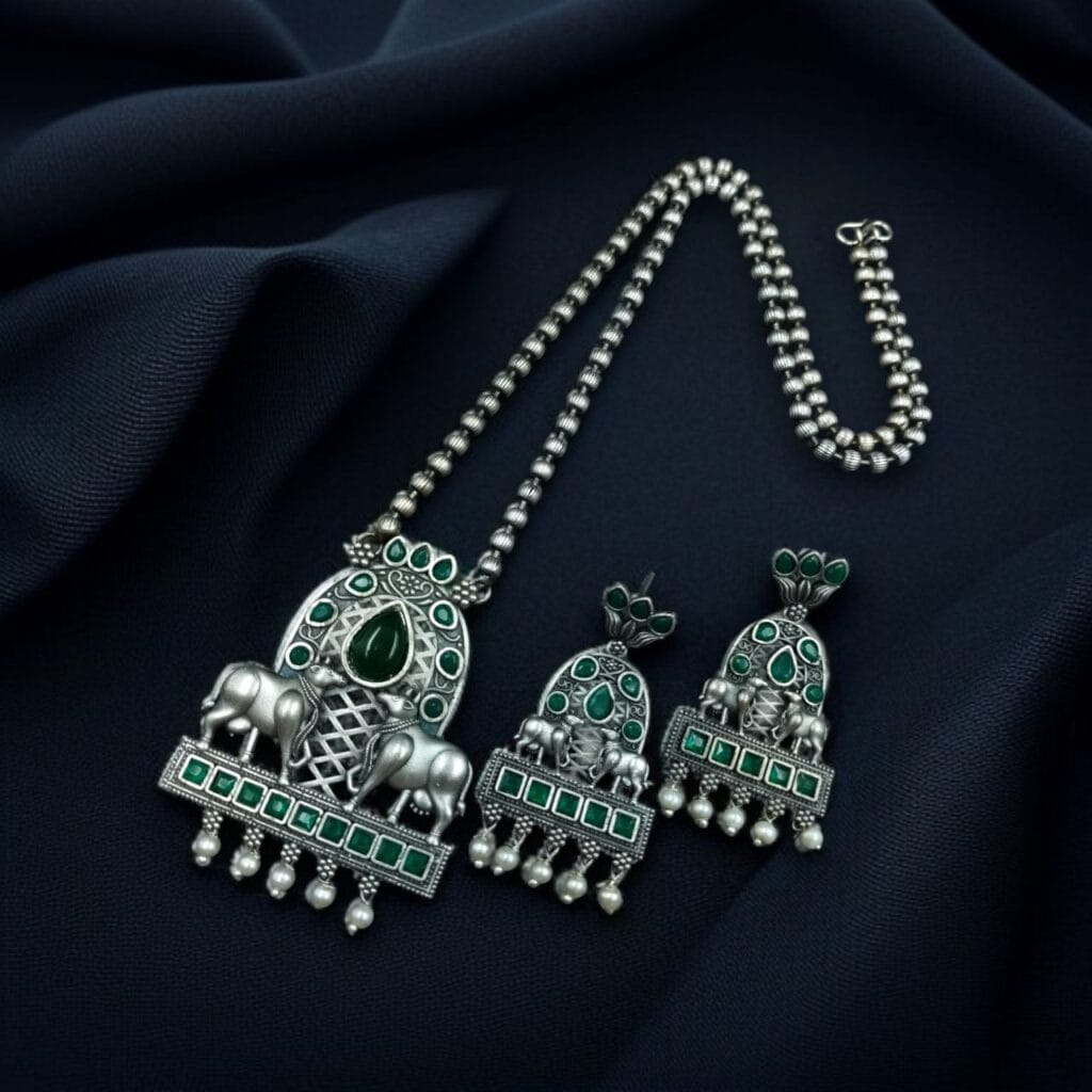 Bulk 930 Silver Oxidized Nandi Pendant Necklace with Stone & Amazing Pearl work - "Green"