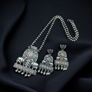 Silver Oxidized Nandi Pendant Necklace with Stone & Amazing Pearl work - color: "Baby Pink"