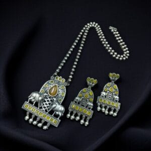 Silver Oxidized Nandi Pendant Necklace with Stone & Amazing Pearl work - color: "Yellow"