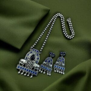 Silver Oxidized Nandi Pendant Necklace with Stone & Amazing Pearl work - color: "Blue"