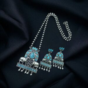 Silver Oxidized Nandi Pendant Necklace with Stone & Amazing Pearl work - color: "Aqua"