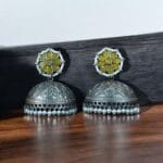Silver Replica Big Size Jhumka Earrings with Intricate Flower & Pearl Work - "Yellow"