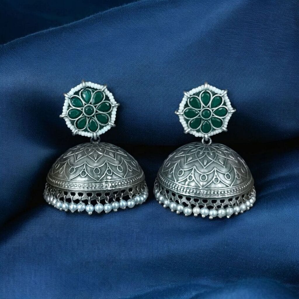 Bulk 908 Silver Replica Big Size Jhumka Earrings with Intricate Flower & Pearl Work - "Green"