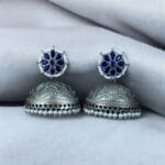 Silver Replica Big Size Jhumka Earrings with Intricate Flower & Pearl Work - "Blue"