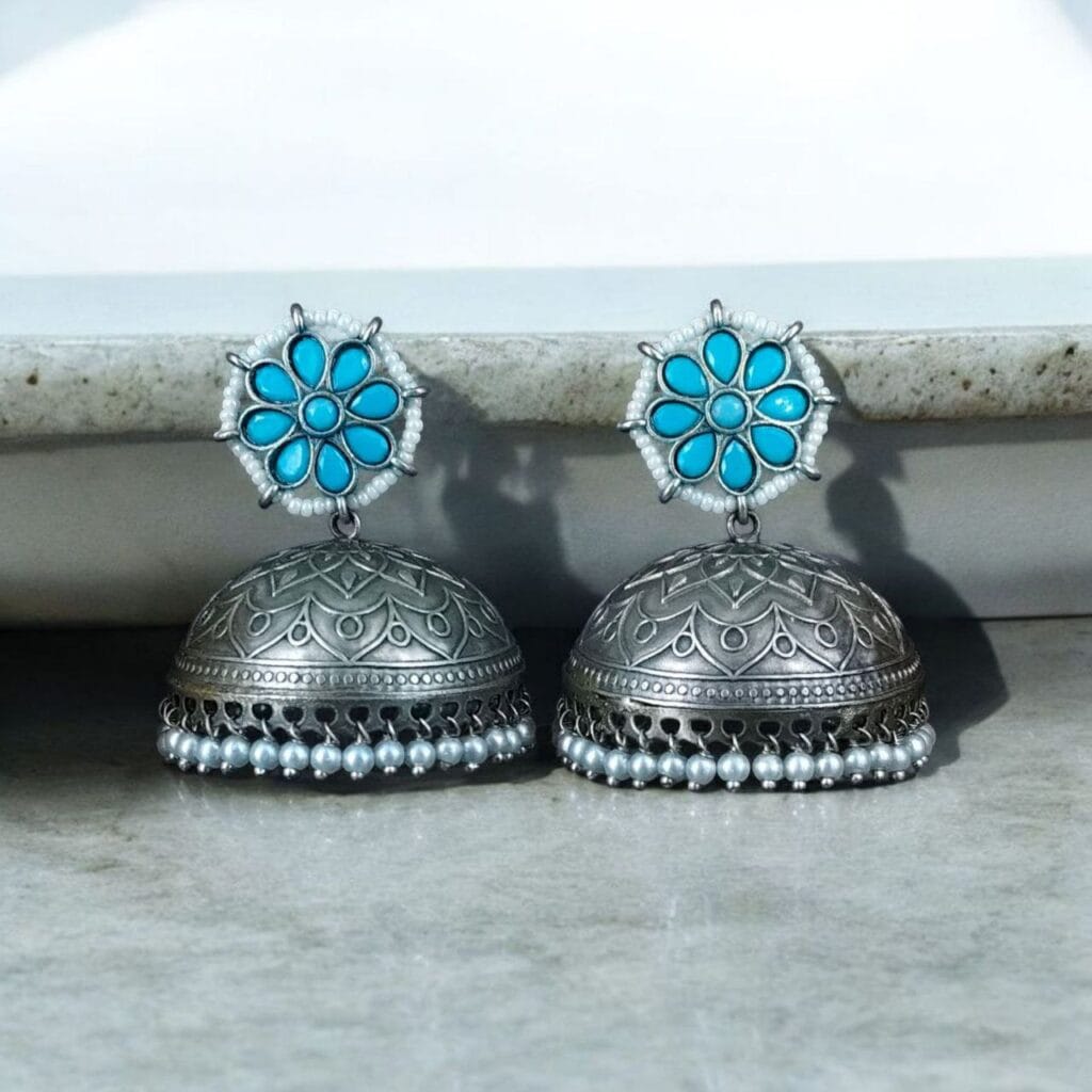 Bulk 910 Silver Replica Big Size Jhumka Earrings with Intricate Flower & Pearl Work - "Aqua"