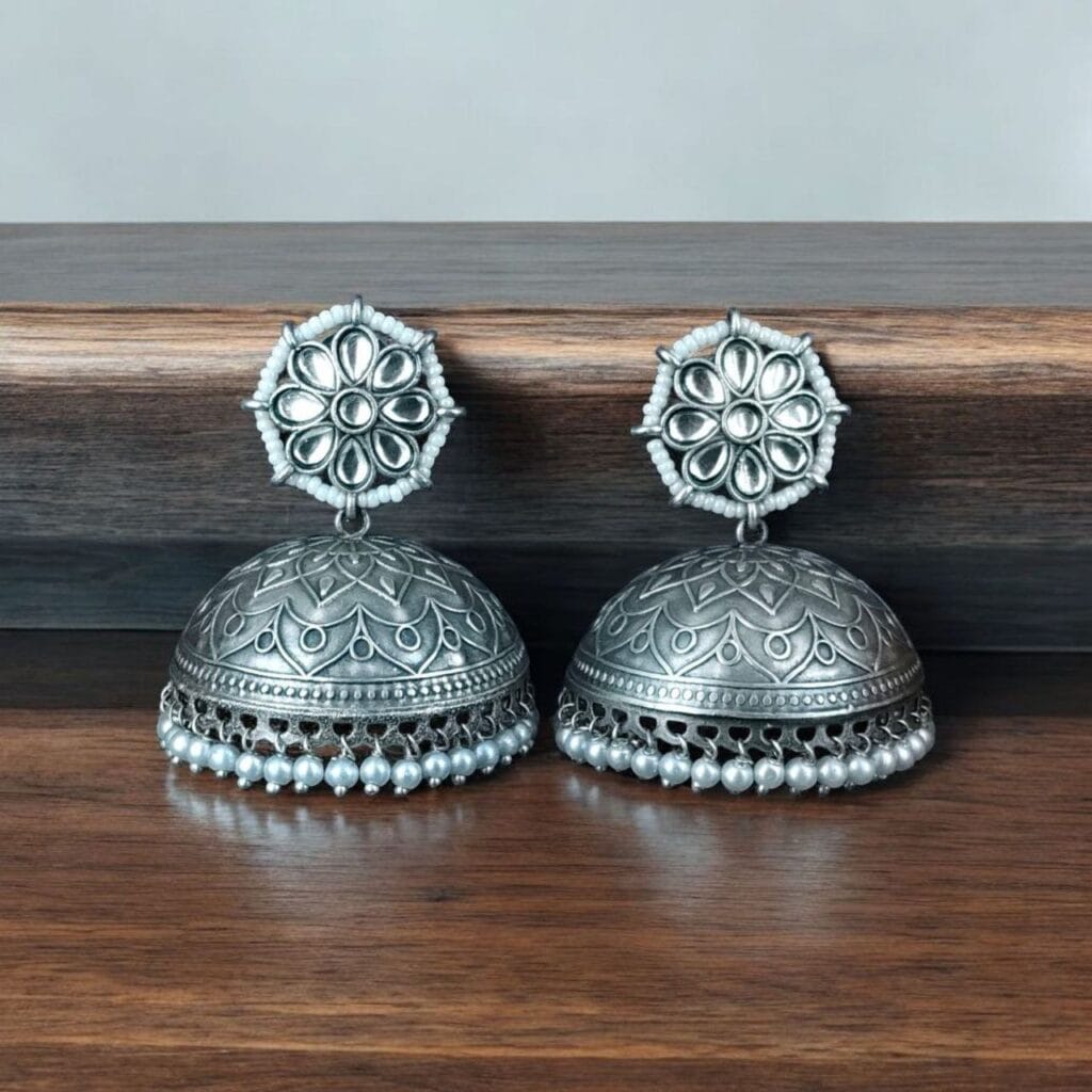 Bulk 916 Silver Replica Big Size Jhumka Earrings with Intricate Flower & Pearl Work - "White"