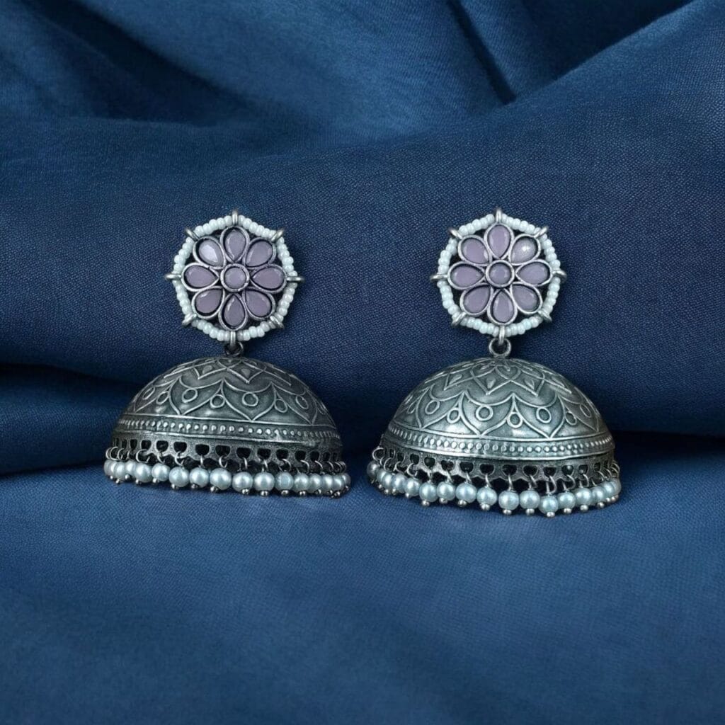 Bulk 906 Silver Replica Big Size Jhumka Earrings with Intricate Flower & Pearl Work - "Baby Pink"
