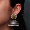 Silver Replica Big Size Jhumka Earrings with intricate floral design and pearl embellishments, featuring an oxidized finish for a traditional and elegant look.