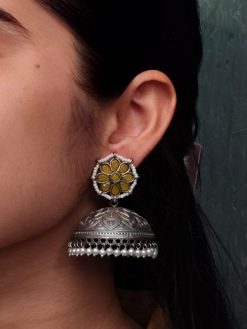 Silver Replica Big Size Jhumka Earrings with intricate floral design and pearl embellishments, featuring an oxidized finish for a traditional and elegant look.