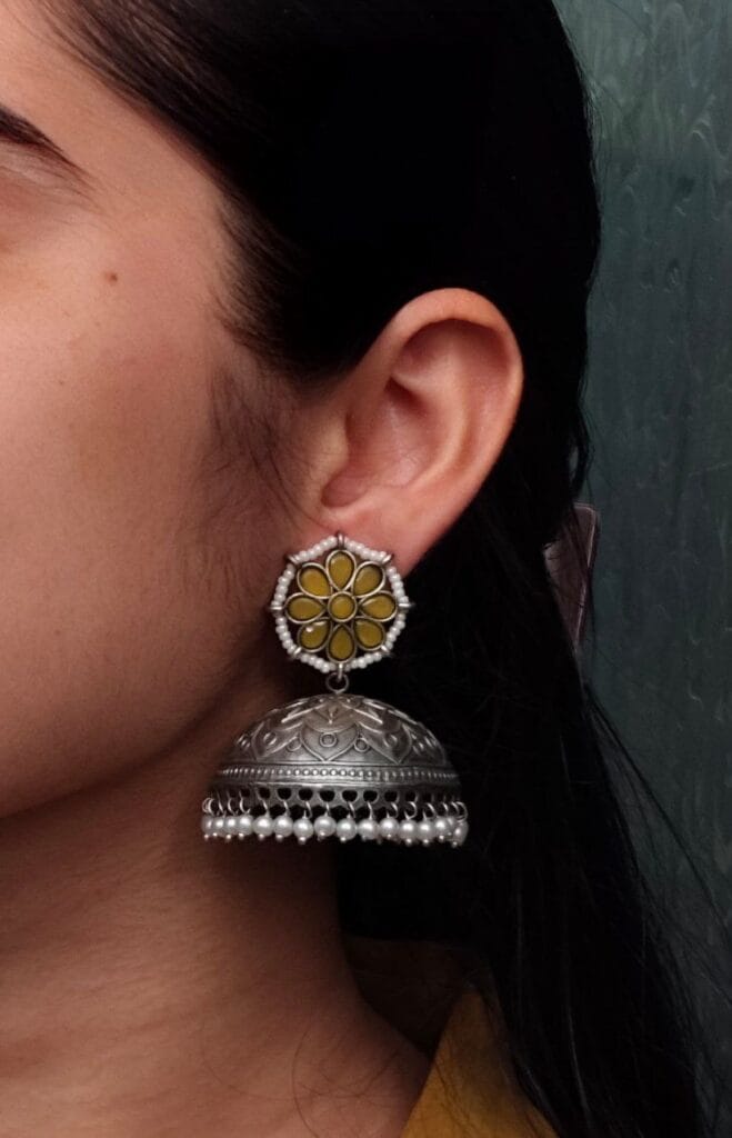 Silver Replica Big Size Jhumka Earrings with Intricate Flower & Pearl Work