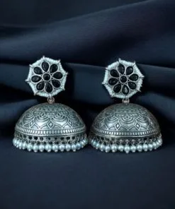 Antique Silver Big Jhumka Earrings with intricate floral design and pearl embellishments, perfect for traditional and festive wear.