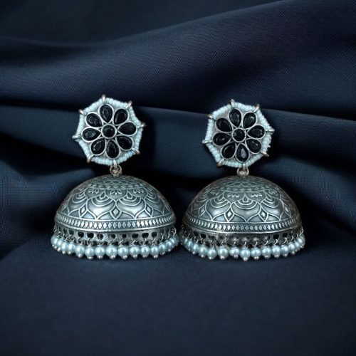 Antique Silver Big Jhumka Earrings with intricate floral design and pearl embellishments, perfect for traditional and festive wear.