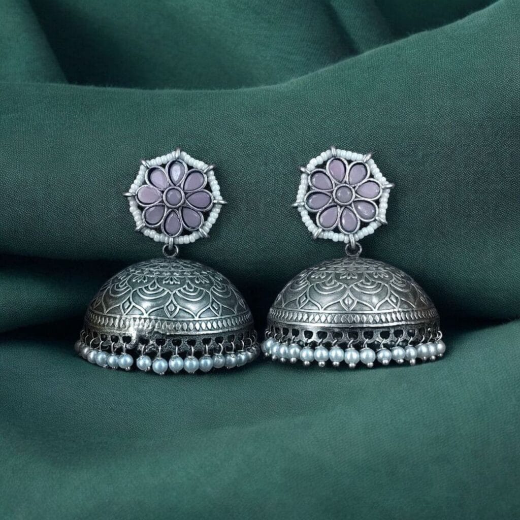 Bulk 904 Antique Silver Big Jhumka Earrings with Pearls & Floral Design - "Baby Pink"