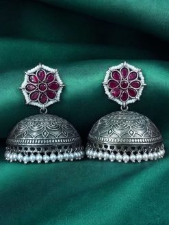 Antique Silver Big Jhumka Earrings with intricate floral design and pearl embellishments, perfect for traditional and festive wear.