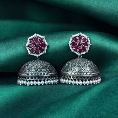 Antique Silver Big Jhumka Earrings with intricate floral design and pearl embellishments, perfect for traditional and festive wear.