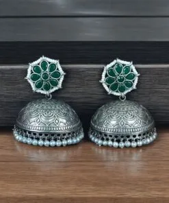 Antique Silver Big Jhumka Earrings with intricate floral design and pearl embellishments, perfect for traditional and festive wear.
