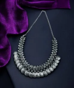 Boho Oxidized Silver Lotus Coin Choker Necklace with intricate detailing and vintage finish.