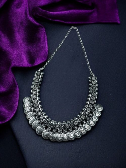 Boho Oxidized Silver Lotus Coin Choker Necklace with intricate detailing and vintage finish.